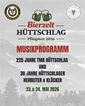 An event poster for the beer tents in Hüttschlag for the Pentecost Festival 2026. It provides information about the music program and special anniversaries.