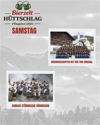 A promotional poster for an event at the beer tent hut camp titled "Pentecost 2026 Saturday". It features two images: one of a music band and the other of a group in traditional clothing.