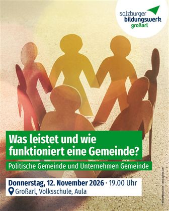 Ein Plakat für eine Veranstaltung über die Funktionen einer Gemeinde. Es zeigt stilisierte Figuren und Informationen zu Datum und Ort.
