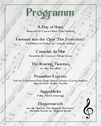 Ein Programmblatt mit verschiedenen Musikstücken. Es enthält Titel wie "A Day of Hope" und "Consolat do Mar".