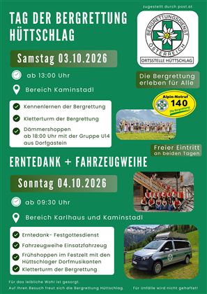 Ein Flyer für die Veranstaltung "Tag der Bergrettung" in Hüttschlag. Er zeigt Details zu den Aktivitäten am 3. und 4. Oktober 2026, einschließlich Kletter- und Demonstrationsangeboten.