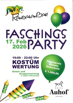 Ein Plakat für die Faschingsparty in der RambalamBar am 17. Februar 2026. Es gibt eine Kostümwertung und die Möglichkeit, einen Hauptpreis von 1.000 Euro zu gewinnen.