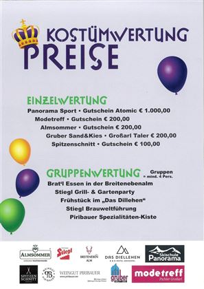 Ein Plakat mit Informationen zu Preisen und Auszeichnungen für Kostüme. Es listet Einzel- und Gruppenwertungen mit verschiedenen Gutscheinen und Veranstaltungen auf.
