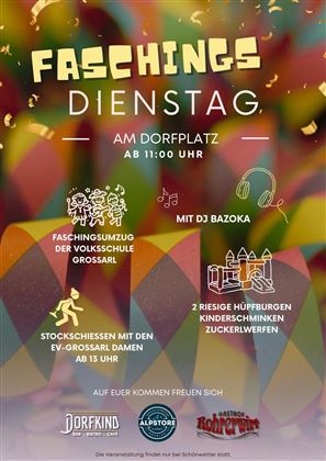 Ein bunter Karnevals-Event mit verschiedenen Attraktionen, der am Dorfplatz stattfindet. Es gibt Umzüge, Musik von DJ Bazoka und Aktivitäten für Kinder.