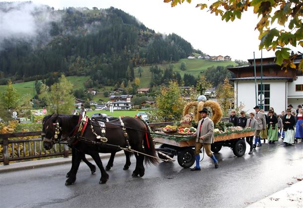 Eine festliche Umzug mit einem Pferd und einem Wagen, der mit Erntegaben geschmückt ist. Im Hintergrund sind grüne Hügel und traditionelle Häuser zu sehen.