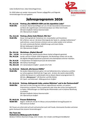 Ein Jahresprogramm für 2026 des katholischen Bildungswerks. Es listet Vorträge, Workshops und Veranstaltungen mit Terminangaben auf.