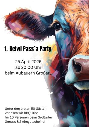 A colorful illustration of a mule. An event poster for the first "Keiwi Pass'a Party" on April 25, 2026.