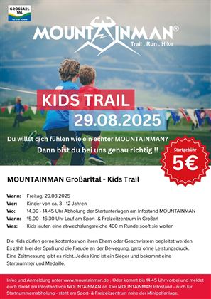 Ein Werbeplakat für das MOUNTAINMAN Kids Trail Event. Das Event findet am 29. August 2025 statt und richtet sich an Kinder im Alter von 6 bis 12 Jahren.