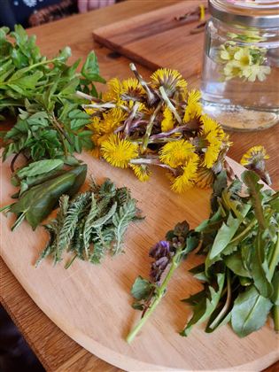 A wooden board with various fresh herbs and yellow flowers. Next to it is a glass of water with some blossoms.