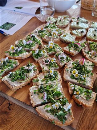 A wooden board with various slices of bread topped with herbs and edible flowers. The presentation is fresh and inviting.