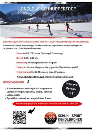 Ein Flyer für Langlauf-Schnuppertage mit Infos zu Terminen, Preisen und Inhalten. Die Veranstaltung bietet Tipps und Tricks für Anfänger im Langlauf.