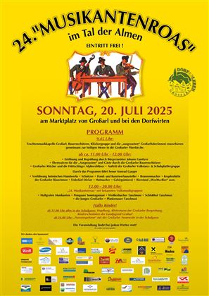 Ein fröhliches Plakat für die 24. "Musikantenroas" im Tal der Almen. Die Veranstaltung findet am Sonntag, den 20. Juli 2025, am Marktplatz von Großarl statt.