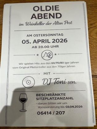 Ein Flyer für einen Oldie Abend im Weinkeller der Alten Post. Die Veranstaltung findet am 5. April 2026 statt und bietet Musik aus den 60er, 70er und 80er Jahren mit DJ Toni sen.