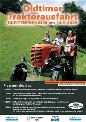 Ein Bild von einer Oldtimertreckerfahrt mit einem orangefarbenen Traktor und fröhlichen Fahrern. Im Hintergrund ist eine grüne Wiese zu sehen, ideal für die Veranstaltung am 14.9.2025.