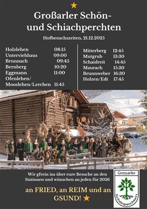 Ein Informationsplakat für die Großarler Schön- und Schiachperchten. Es enthält Termine und Stationen für eine Veranstaltung am 21. Dezember 2025.