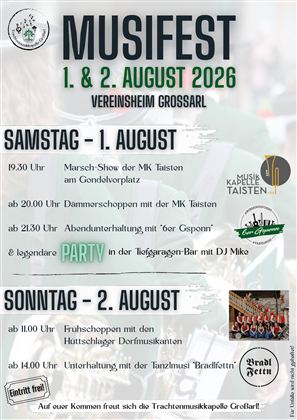 A poster for the music festival at the community center in Großarl on August 1 and 2, 2026. It contains information about the events, including a march show, an evening entertainment program, and a party night.