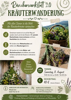 Ein Flyer für eine Kräuterwanderung, der Informationen zu Termin und Teilnahmegebühr enthält. Die Gestaltung ist naturverbunden mit grünen und weißen Elementen.