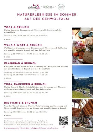 Eine Übersicht der Sommererlebnisse auf der Gehwohlalm, einschließlich Yoga, Brunch und Workshops. Das Bild zeigt verschiedene Veranstaltungen mit Essen und Naturaktivitäten.