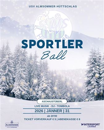 Ein winterlicher Hintergrund mit schneebedeckten Bäumen. Werbung für den „Sportler Ball“ mit Informationen über Datum und Veranstaltungsdetails.