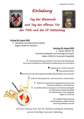 Einladung zu einem Blasmusiktag und Tag der offenen Tür der Feuerwehr. Die Veranstaltung findet am 8. und 9. August 2025 in Hüttschlag statt.