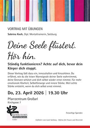 A poster for a lecture titled "Your Soul Whispers. Listen Closely." It contains information about the lecture, the date, and the venue.