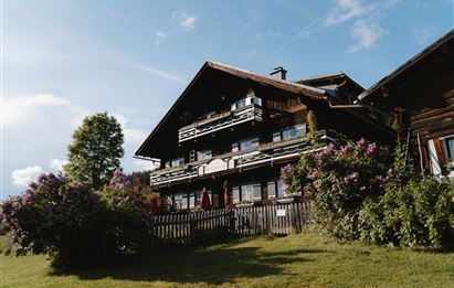 A cozy wooden house surrounded by flowers and green grass. The sky is blue and the architecture is rustic.