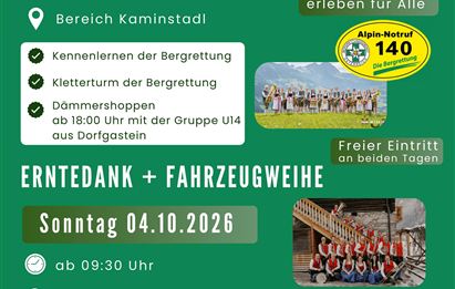 Ein Flyer für die Veranstaltung "Tag der Bergrettung" in Hüttschlag. Er zeigt Details zu den Aktivitäten am 3. und 4. Oktober 2026, einschließlich Kletter- und Demonstrationsangeboten.