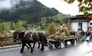 Eine festliche Umzug mit einem Pferd und einem Wagen, der mit Erntegaben geschmückt ist. Im Hintergrund sind grüne Hügel und traditionelle Häuser zu sehen.