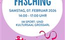 Ein buntes Plakat für eine Kinderfaschingsfeier. Die Veranstaltung findet am 07. Februar 2026 im Sport- und Kultursaal Grossarl statt.