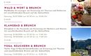 Ein Informationsblatt über Sommererlebnisse auf der Gehwoflalm. Es enthält Details zu Yoga- und Brunch-Veranstaltungen sowie Workshops in der Natur.
