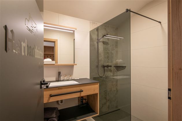 A modern bathroom with a glass shower and a wooden sink. There is also a large mirror and a bright, friendly atmosphere.