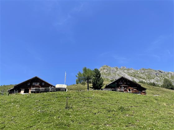 Zwei traditionelle Hütten auf einer grünen Wiese mit einem klaren blauen Himmel im Hintergrund. Die Umgebung ist von sanften Hügeln und Bergen geprägt.