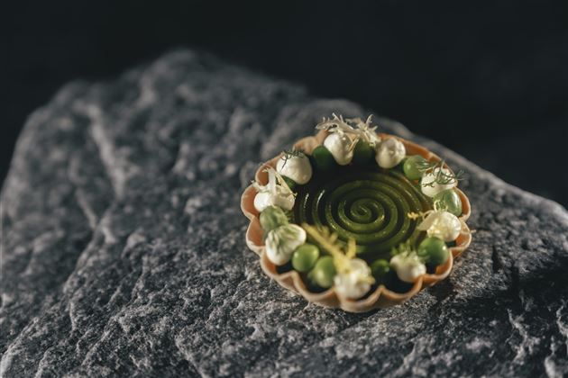 An artistically designed cake with green mousse and decorative details. The cake is set on a dark stone.