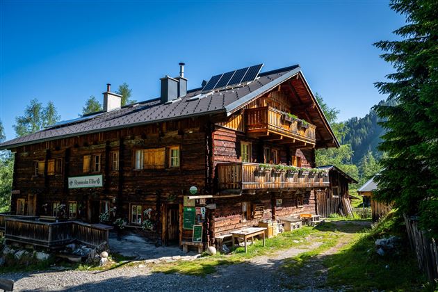 A charming wooden house in Alpine style with balconies and a sunny garden. Surrounded by green trees and a clear blue sky.