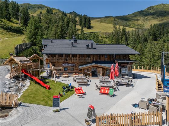 A cozy cabin in the mountains with a playground and loungers for relaxation. The surroundings are green and offer a beautiful view of nature.