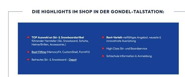 The image content shows an overview of the highlights in the shop of the gondola valley station. Information about ski equipment, boot fitting, and rental offers is presented.