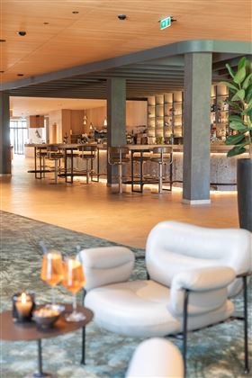 An elegant lounge area with modern furniture and an inviting atmosphere. In the background, a bar with soft lighting is visible.