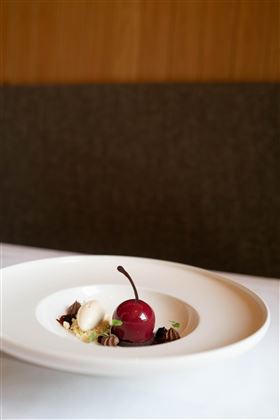 An artistically arranged dessert on a white plate. It features a shiny cherry and various accompaniments.