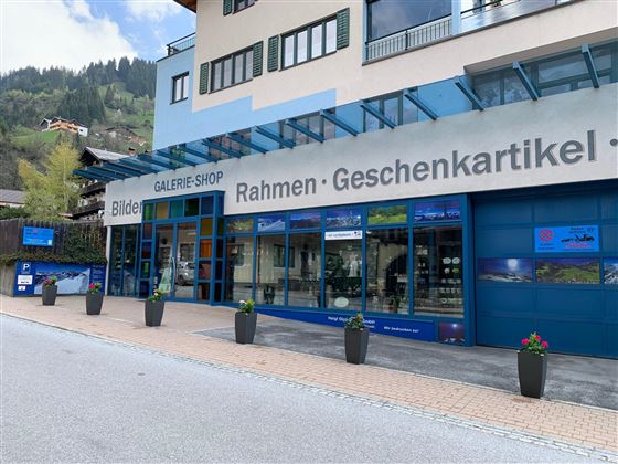 A store named "Gallery Shop" that offers pictures, frames, and gift items. It has a modern facade and is surrounded by potted plants.