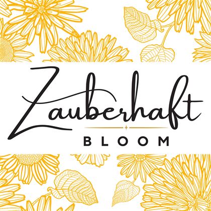 Ein kreatives Logo mit dem Schriftzug "Zauberhaft BLOOM". Umrandet von gelben Blumen und Blättern.