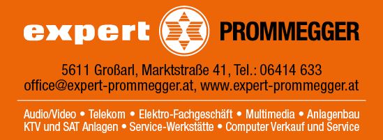 Das Bild zeigt eine orangefarbene Visitenkarte mit dem Firmennamen "expert PROMMEGGER". Es enthält Kontaktdaten und eine Liste von angebotenen Dienstleistungen im Bereich Elektro und Multimedia.