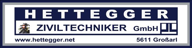 Ein Schild der Firma Hetegger Ziviltechniker GmbH. Es zeigt den Firmennamen, die Website und den Standort in Großarl.