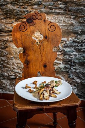 Ein rustikaler Holzstuhl steht vor einer steinernen Wand. Auf einem weißen Teller liegt eine köstliche Speise mit Pilzen und Kräutern.