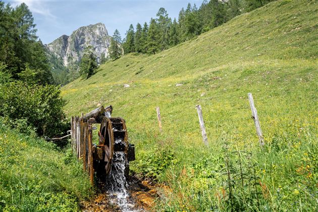 A waterfall turns a mill wheel in a green meadow landscape. In the background, tall mountains and trees are visible.