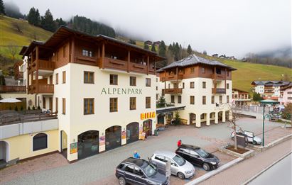 Ein gemütliches Gebäude mit dem Namen "Alpenpark" und einer modernen Architektur. Umgeben von grünen Hügeln und einem klaren Himmel.