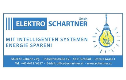 Ein Werbebanner für Elektro Schartner. Es fördert das Energiesparen mit intelligenten Systemen und enthält Kontaktdaten.
