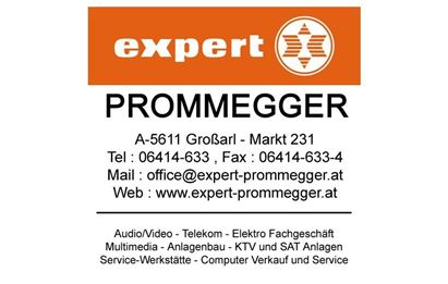 Ein Werbeschild für das Fachgeschäft "expert Prommegger". Es enthält Kontaktdaten und Informationen zu angebotenen Dienstleistungen im Bereich Audio, Video und Telekommunikation.