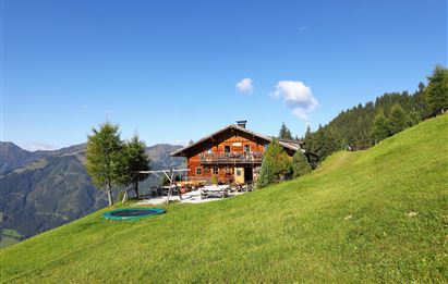 A picturesque mountain cabin surrounded by green meadows and tall trees. In the background, gentle mountains and a clear blue sky can be seen.