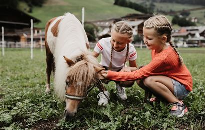 Zwei Mädchen streicheln ein pony auf einer grünen Wiese. Im Hintergrund sind Häuser und Hügel zu sehen.