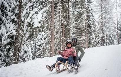 Zwei Personen fahren auf einem Schlitten durch eine verschneite Waldlandschaft. Die Bäume sind mit Schnee bedeckt, und die Atmosphäre ist winterlich und fröhlich.